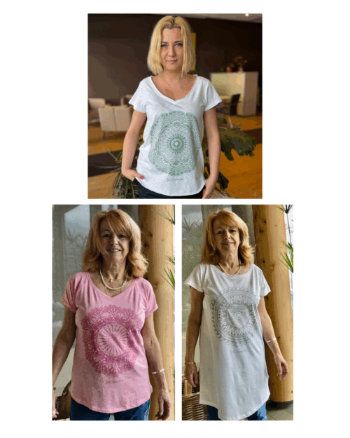 Promotion: BioSignature Lungs Mandala Women white-green organic cotton tee-shirt + BioSignature Pineal Gland Mandala Women white organic cotton long Tee-Shirt + BioSignature Thyroid Mandala Pink Organic Cotton Tee-Shirt